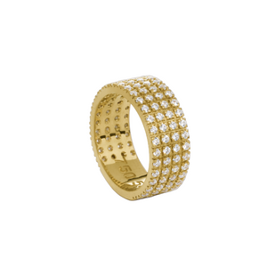 Gold ring with diamond accents on a white background